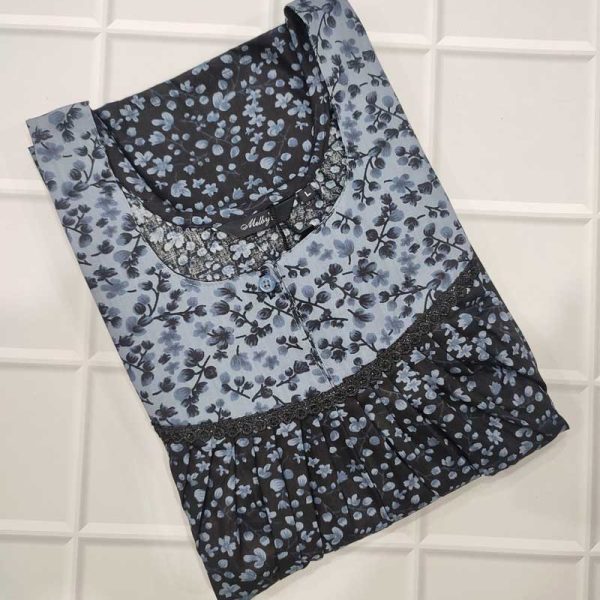 Front Open Cotton Nighty With Buttons, 55 Inches Long - Black