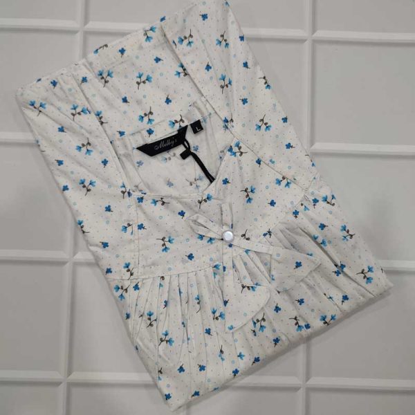 Traditional cotton nighty, 55 Inches Long - White + Blue