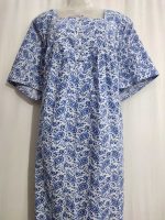 Front Open Cambric Cotton Nighty With Buttons, 57 Inches Long - Blue+ White - Image 2