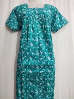 Front Open Cotton Nighty With Buttons, 55 Inches Long - Green - Image 2