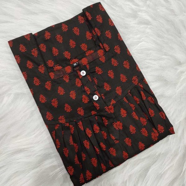 Front Open Cotton Nighty With Buttons, 55 Inches Long - Black