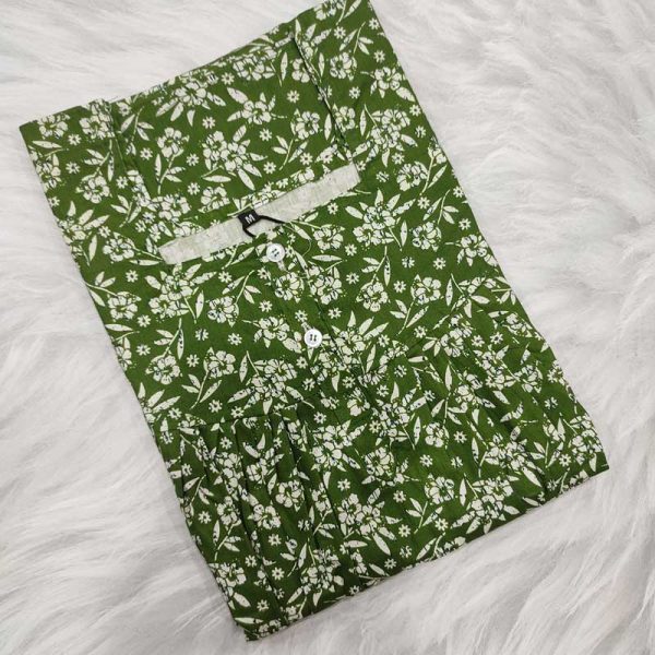 Front Open Cotton Nighty With Buttons, 55 Inches Long - Green