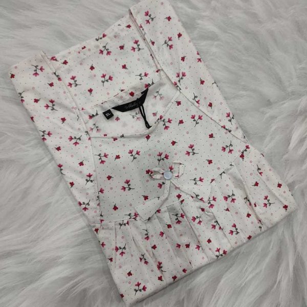 Premium Quality Traditional Cotton Nighty, 55 Inches Long - White