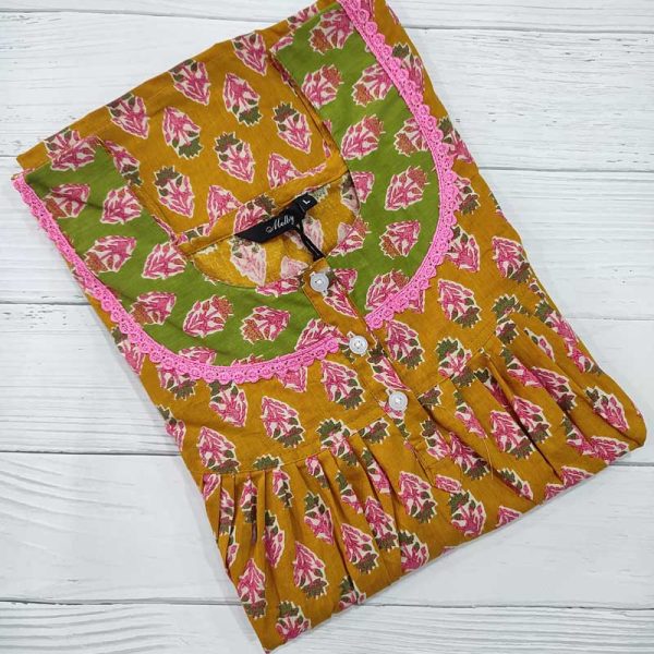 Premium Quality Cambric Cotton Nighty With Buttons -55 Inches Long - Yellow