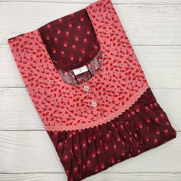 Front Open Cotton Nighty With Buttons, 55 Inches Long - Maroon