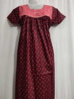 Front Open Cotton Nighty With Buttons, 55 Inches Long - Maroon - Image 2