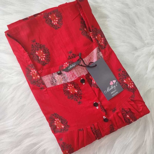 Comfortable Front Open Cotton Nighty With Buttons- 57 inches long - Red