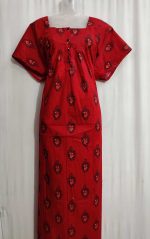 Comfortable Front Open Cotton Nighty With Buttons- 57 inches long - Red - Image 2