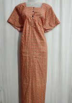 Comfortable Front Open Cotton Nighty With Buttons- 57 inches long - Orange - Image 2