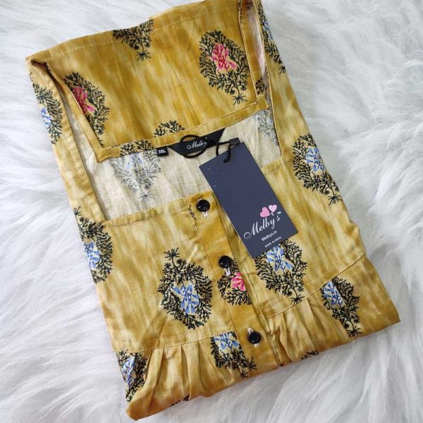 Comfortable Front Open Cotton Nighty With Buttons- 57 inches long - Yellow