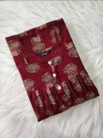 Front Open Cotton Nighty With Buttons, 55-57 Inches Long - Maroon