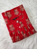 Front Open Cotton Nighty With Buttons, 55-57 Inches Long - Red