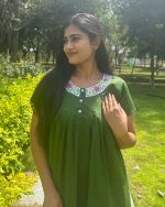 Front Open Poplin Cotton Nighty With Embroidary Neck, 55 Inches Long - Green