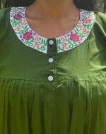 Front Open Poplin Cotton Nighty With Embroidary Neck, 55 Inches Long - Green - Image 2