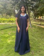 Front Open Poplin Cotton Nighty With Embroidary Neck, 55 Inches Long - Blue - Image 3