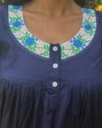 Front Open Poplin Cotton Nighty With Embroidary Neck, 55 Inches Long - Blue - Image 2