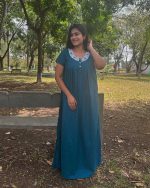 Front Open Poplin Cotton Nighty With Embroidary Neck, 55 Inches Long - Blue - Image 3