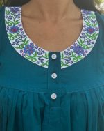 Front Open Poplin Cotton Nighty With Embroidary Neck, 55 Inches Long - Blue - Image 2