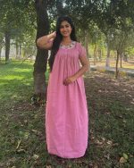Front Open Poplin Cotton Nighty With Embroidary Neck, 55 Inches Long - Pink - Image 3