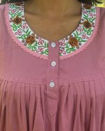 Front Open Poplin Cotton Nighty With Embroidary Neck, 55 Inches Long - Pink - Image 2