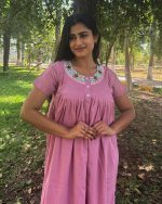 Front Open Poplin Cotton Nighty With Embroidary Neck, 55 Inches Long - Pink