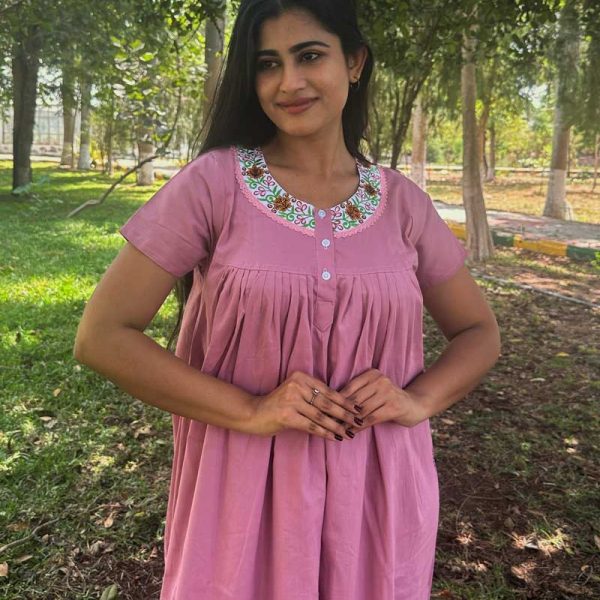 Front Open Poplin Cotton Nighty With Embroidary Neck, 55 Inches Long - Pink