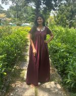 Front Open Poplin Cotton Nighty With Embroidary Neck, 55 Inches Long -Grapes Purple - Image 3