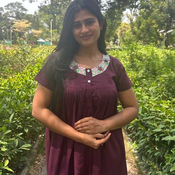 Front Open Poplin Cotton Nighty With Embroidary Neck, 55 Inches Long -Grapes Purple
