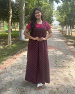 Traditional Cotton Nighty With Pleats, 55 Inches Long - Black + Magenta - Image 3