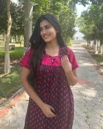 Traditional Cotton Nighty With Pleats, 55 Inches Long - Black + Magenta - Image 4