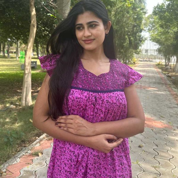 Comfortable Frock Model Cotton Nighty With Zip - 55 Inches Long - Rose