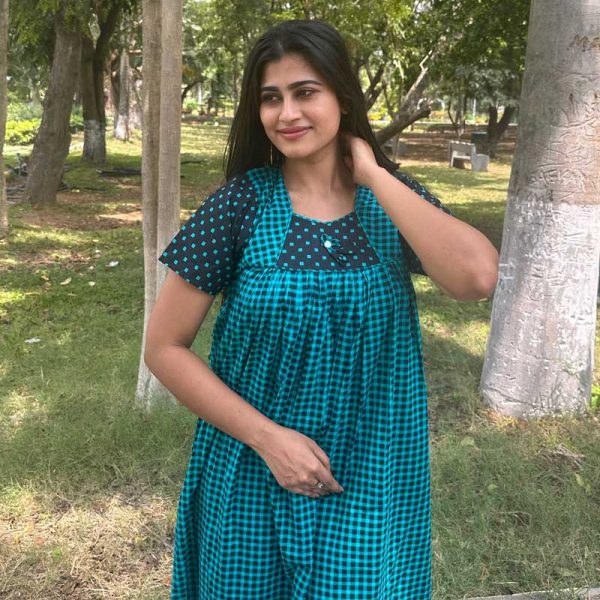 Traditional Cotton Nighty With Buttons, 55 Inches Long -Green
