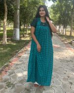 Traditional Cotton Nighty With Buttons, 55 Inches Long -Green - Image 3