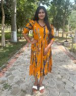 Pure Cotton Feeding Nighty With Side Zips For Mothers - Frock Type - Yellow