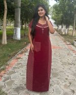 Comfortable Churidar Model Cotton Nighty  - 55 Inches Long -  Maroon - Image 4