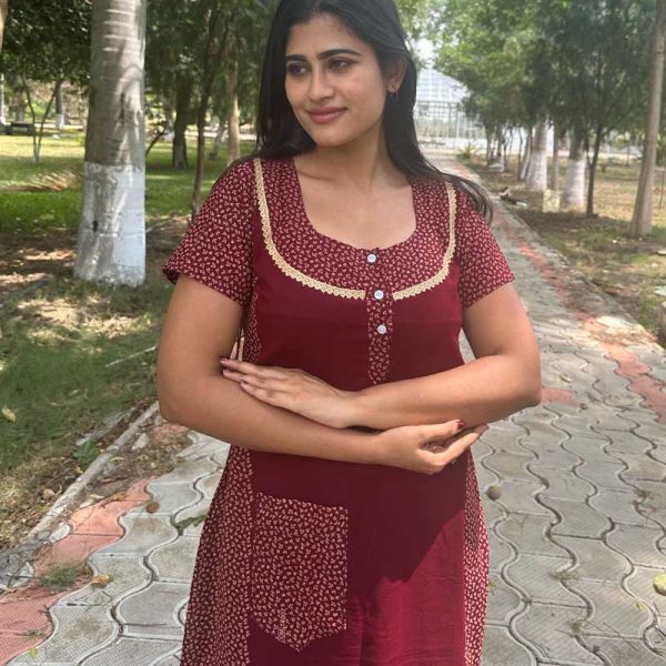 Comfortable Churidar Model Cotton Nighty  - 55 Inches Long -  Maroon