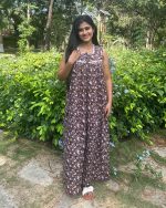 Sleeveless Front Open Cotton Nighty With Buttons, 55 Inches Long - Brown - Image 6