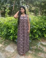 Sleeveless Front Open Cotton Nighty With Buttons, 55 Inches Long - Brown - Image 5