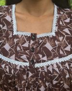 Sleeveless Front Open Cotton Nighty With Buttons, 55 Inches Long - Brown - Image 2