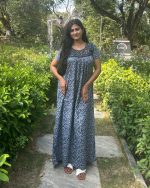 Front Open Cotton Nighty With Buttons, 55 Inches Long - Grey - Image 4