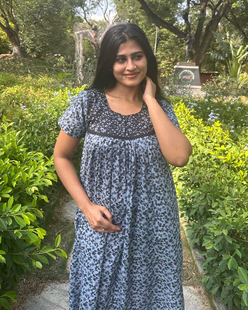 IMG_7987 Front Open Cotton Nighty With Buttons, 55 Inches Long - Grey - Image 1