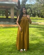 Sleeveless Front Open Cotton Nighty With Buttons, 55 Inches Long - Yellow