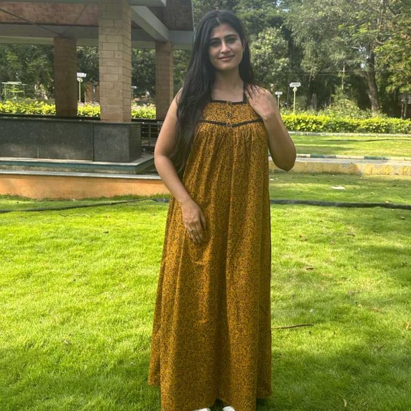 Sleeveless Front Open Cotton Nighty With Buttons, 55 Inches Long - Yellow
