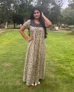 Front Open Cotton Nighty With Buttons, 55 Inches Long - Cream Yellow - Image 3