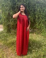 Sleeveless Front Open Cotton Nighty With Buttons, 55 Inches Long - Red - Image 4