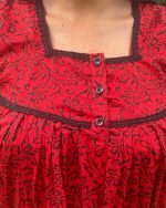 Sleeveless Front Open Cotton Nighty With Buttons, 55 Inches Long - Red - Image 2