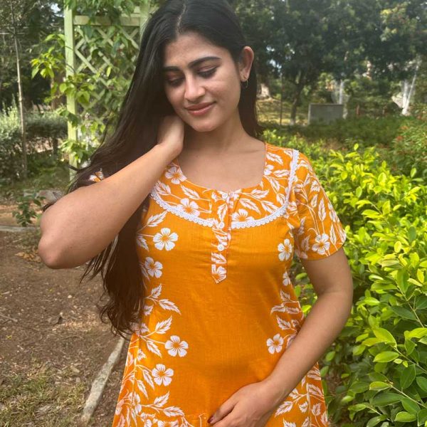 Comfortable Churidar Model Cotton Nighty - 55 Inches Long - Yellow