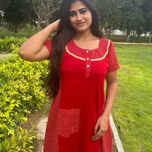 Comfortable Churidar Model Cotton Nighty  - 55 Inches Long -  Red