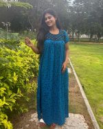 Front Open Cotton Nighty With Buttons, 55 Inches Long - Blue - Image 3