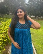 Front Open Cotton Nighty With Buttons, 55 Inches Long - Blue